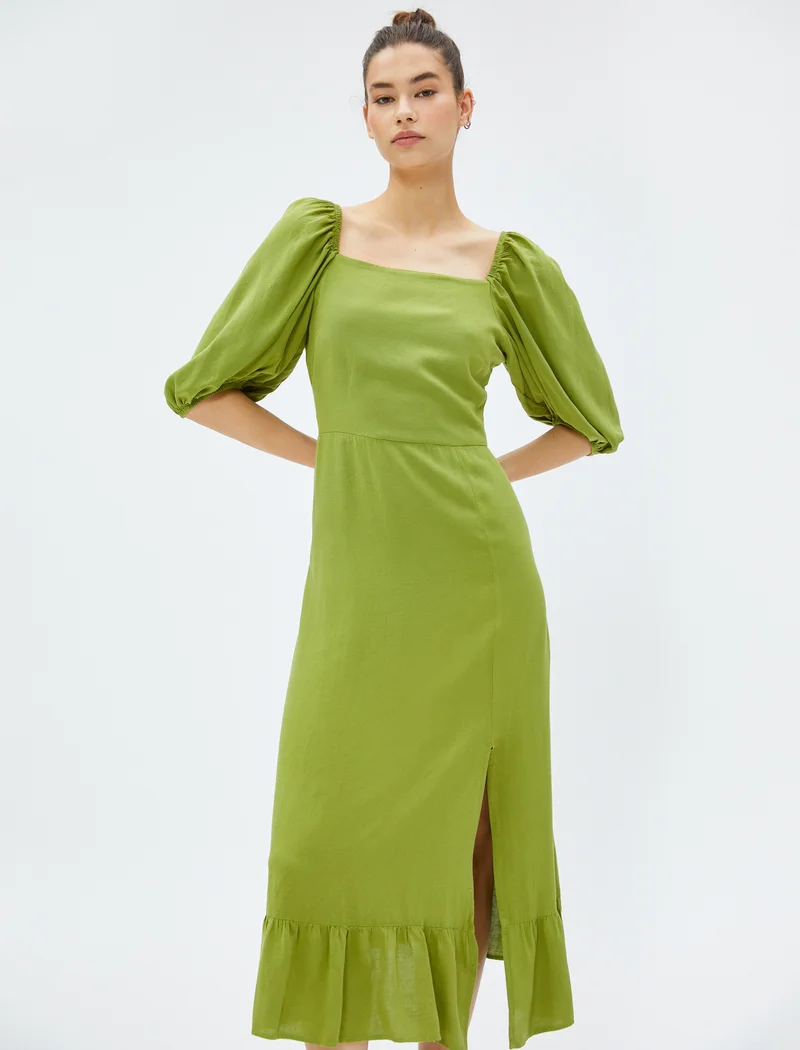 كوتون Ruffle Square Neck Puff Sleeve Viscose Mix Midi Dress