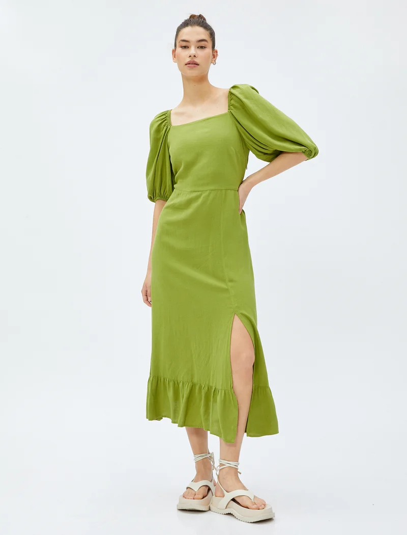 كوتون Ruffle Square Neck Puff Sleeve Viscose Mix Midi Dress