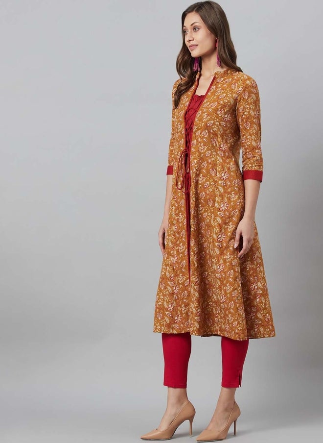 AKS Mustard Floral Printed Open Front Jacket for Women - Image 3