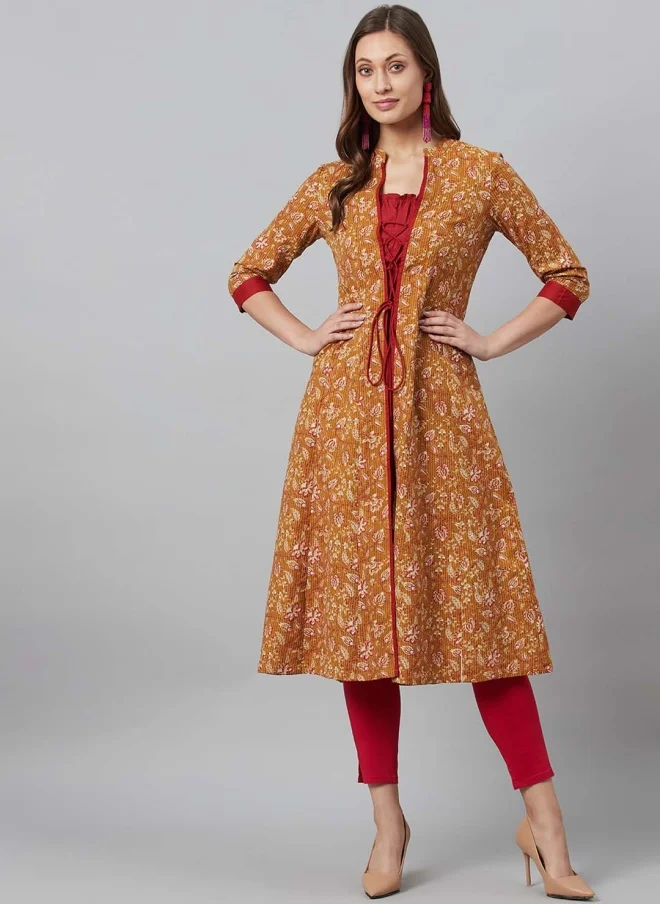 AKS Mustard Floral Printed Open Front Jacket for Women
