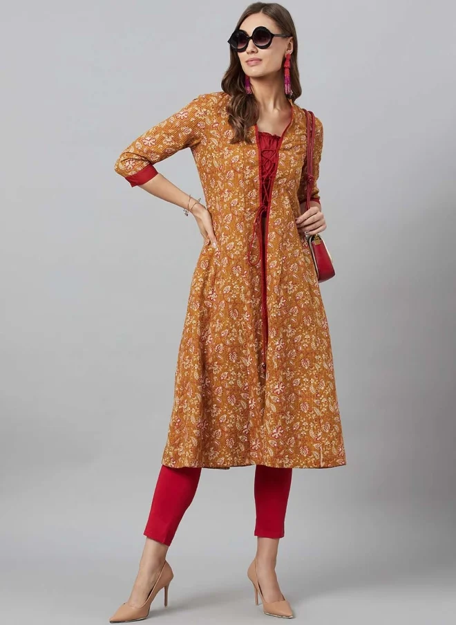 AKS  Mustard Floral Printed Open Front Jacket for Women for Women | Best Price UAE