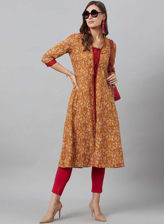 AKS Mustard Floral Printed Open Front Jacket for Women - Image 5