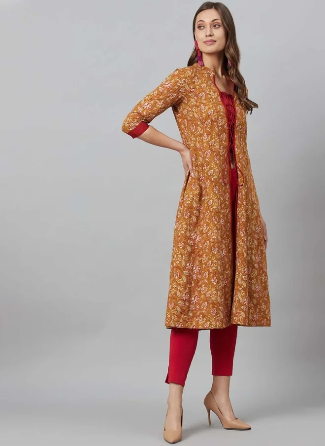 AKS Mustard Floral Printed Open Front Jacket for Women