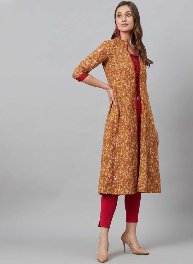 AKS Mustard Floral Printed Open Front Jacket for Women - Image 2