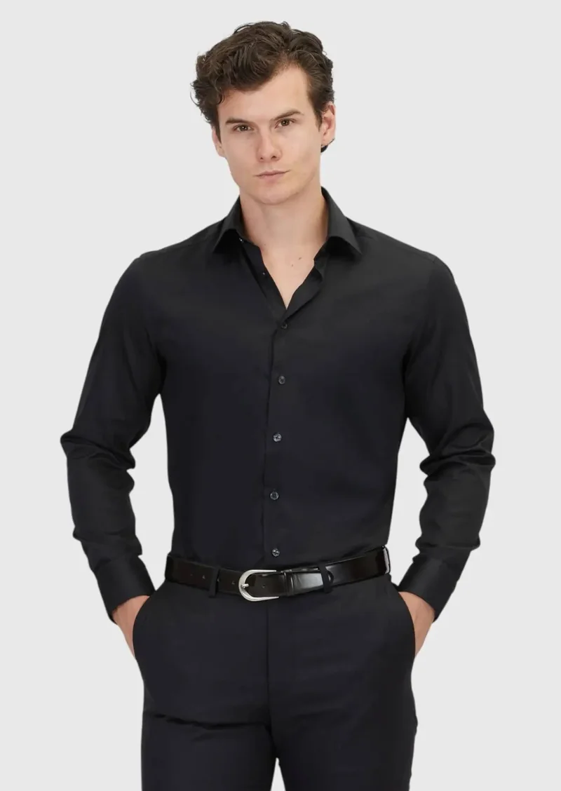 RAMSEY Black Plain Regular Fit Weaving Classical 100% Cotton Shirt