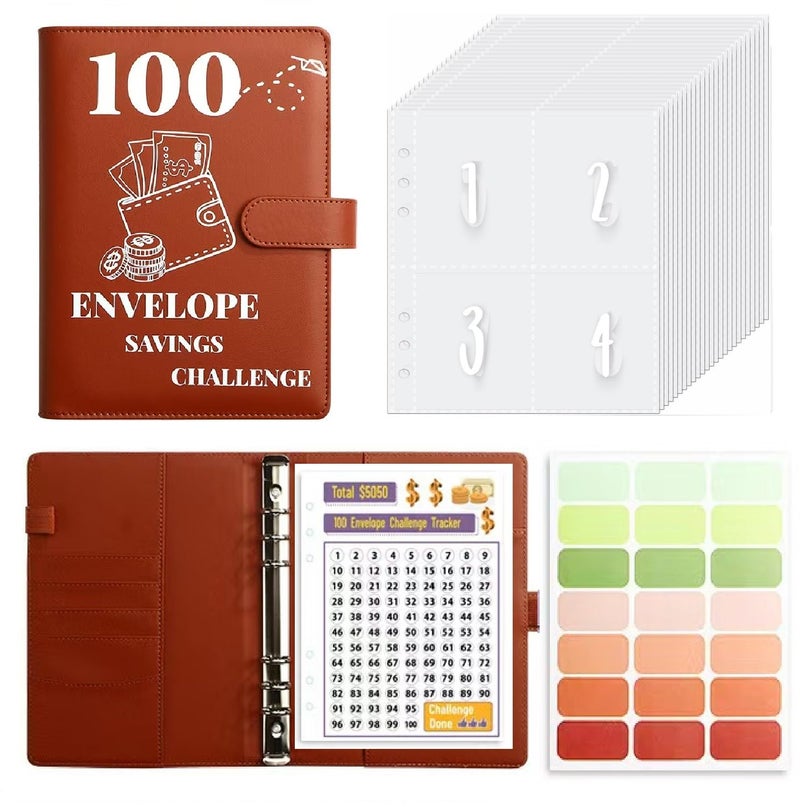 FABULWAY 100 Envelopes Challenge Binder,100 Envelopes Money Saving Challenge,Easy and Funny Way to Save $5,050 Budget Planner, Money Saving Challenge Budget Binder with Cash Envelopes. (Brown) - Image 1