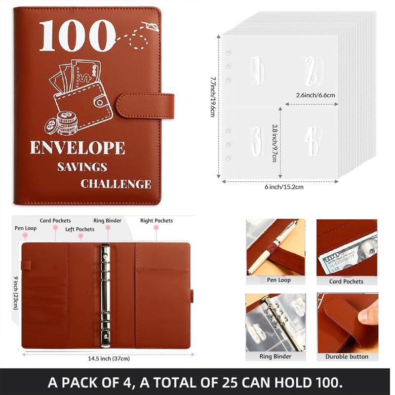 FABULWAY 100 Envelopes Challenge Binder,100 Envelopes Money Saving Challenge,Easy and Funny Way to Save $5,050 Budget Planner, Money Saving Challenge Budget Binder with Cash Envelopes. (Brown) - Image 3