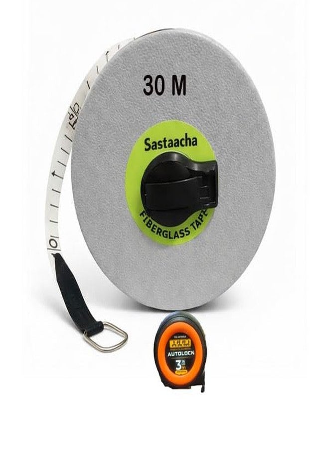 Sastaacha 30 Meter Fiberglass Measuring Tape for Outdoor Measurement, Survey & Construction Work | Strong & Durable With 3Mtre Auto Lock (Grey) - Image 1