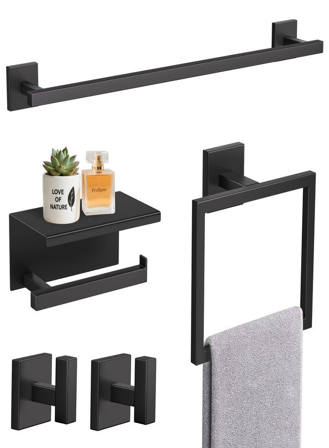 TURS 5-Pieces Matte Black Bathroom Hardware Accessories Set 23.6" Towel Bar Set Wall Mounted Square Toilet Paper Holder with Shelf Stainless Steel - Image 1