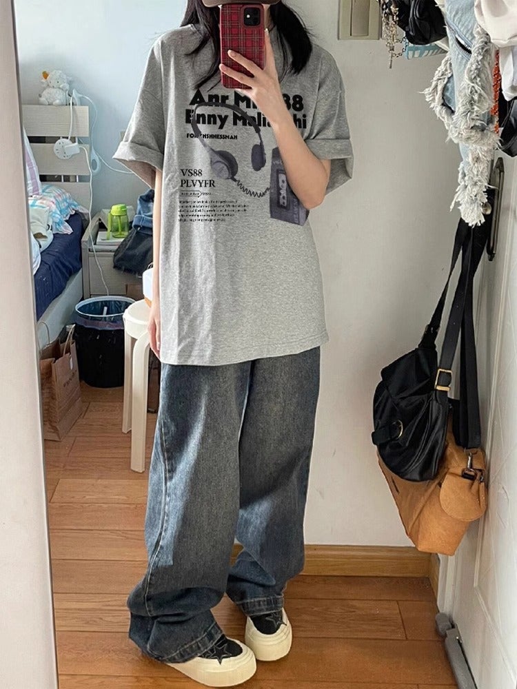 American Style Retro Printed Trendy Brand Pure Cotton Short-Sleeved T-Shirt 2025 Summer Loose Hip Covering Long Round Neck Top For Lovers - Image 3