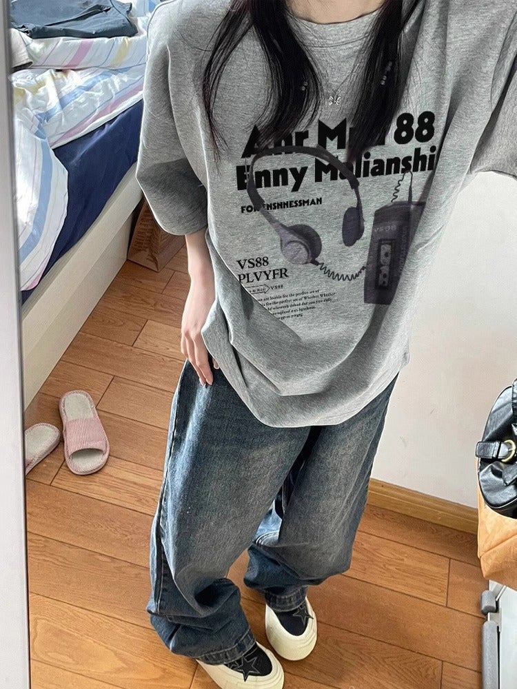 American Style Retro Printed Trendy Brand Pure Cotton Short-Sleeved T-Shirt 2025 Summer Loose Hip Covering Long Round Neck Top For Lovers - Image 2