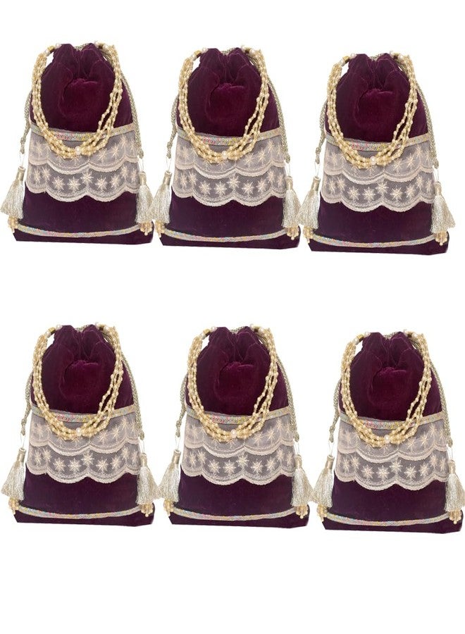 Dulhan Velvet Potli Bag with Pearl Handle | Sequin Tissue Lace Zari Tassels and Resham Dori | Maroon Soft Padded Wedding Shagun Pouch for Return Gifts, Wedding, Winter and Festive Use (pack of 6) - Image 1