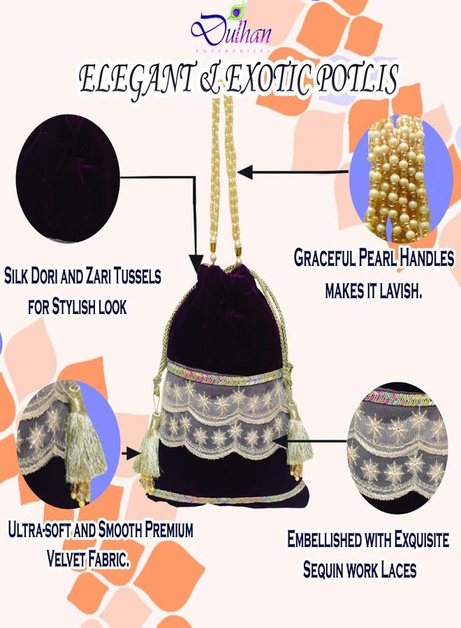 Dulhan Velvet Potli Bag with Pearl Handle | Sequin Tissue Lace Zari Tassels and Resham Dori | Maroon Soft Padded Wedding Shagun Pouch for Return Gifts, Wedding, Winter and Festive Use (pack of 6) - Image 4