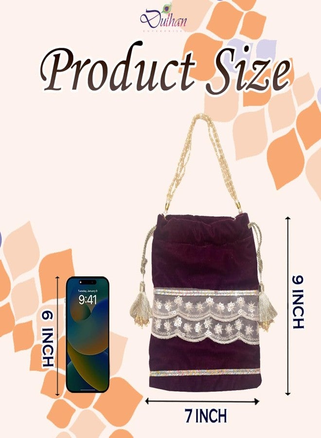 Dulhan Velvet Potli Bag with Pearl Handle | Sequin Tissue Lace Zari Tassels and Resham Dori | Maroon Soft Padded Wedding Shagun Pouch for Return Gifts, Wedding, Winter and Festive Use (pack of 6) - Image 3