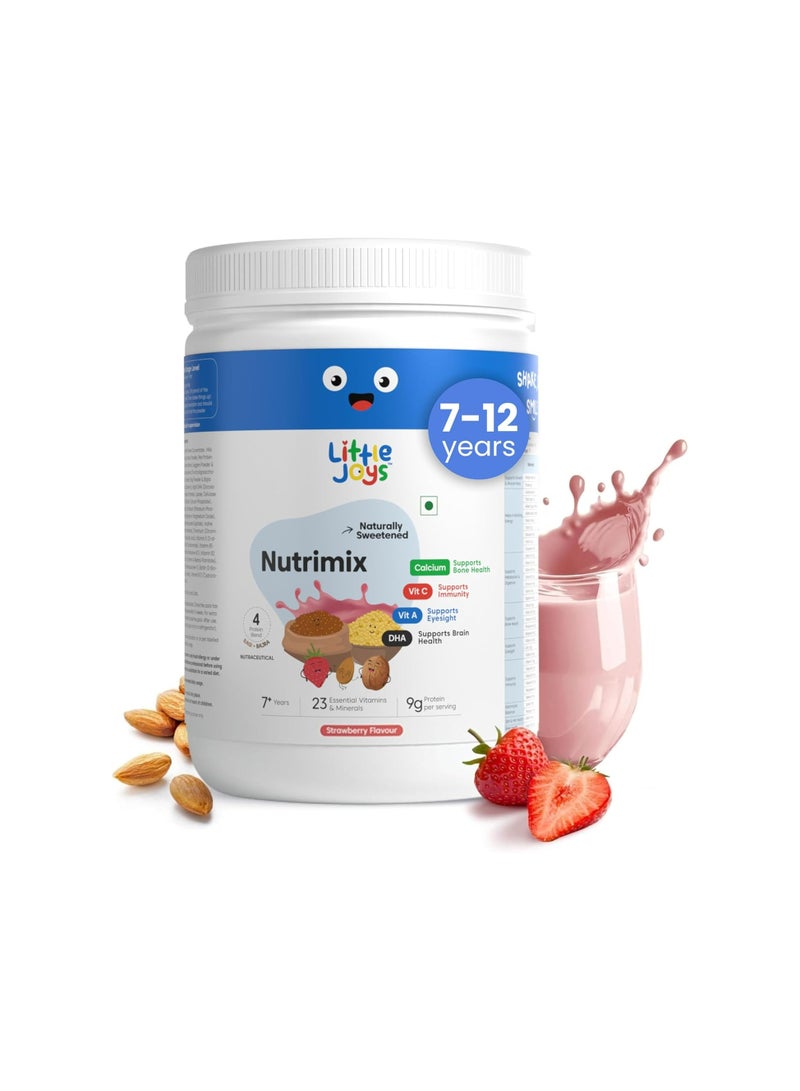 Little Joys Little Joys Nutrimix Nutrition Powder 350g | 7-12 Years | No Refined Sugar | Supports Healthy Growth & Boosts Immunity | With Ragi, Bajra, Almonds, Peas & Oats | Strawberry Flavour - Image 1