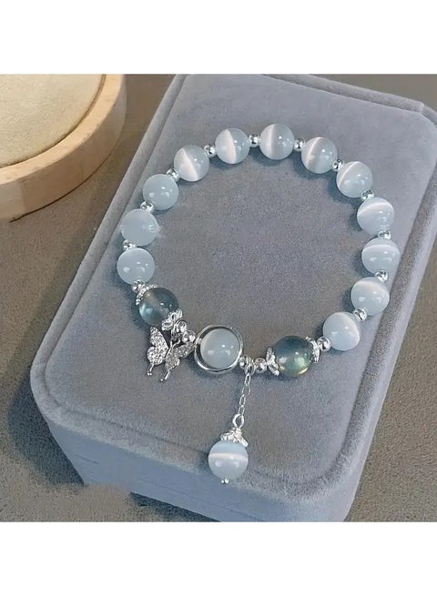 1pc Cute Glass Cat Eye Stone Beaded Bracelet With Butterfly Charm, Perfect Gift