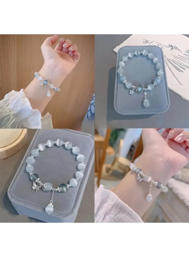 Goolsky سوار زجاجي لطيف بعيون قطة مع خرز وحلية فراشة، هدية مثالية - Image 2