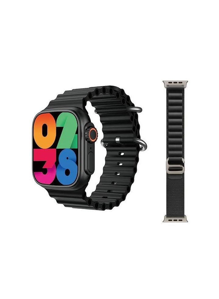 W&O X9ultra watch  Compatible with Android and iOS devices, allowing seamless integration with most smartphones. Additional features: Supports wireless charging, NFC, GPS, app notifications, making calls, music control, and IP68 water resistance. Black color - Image 2