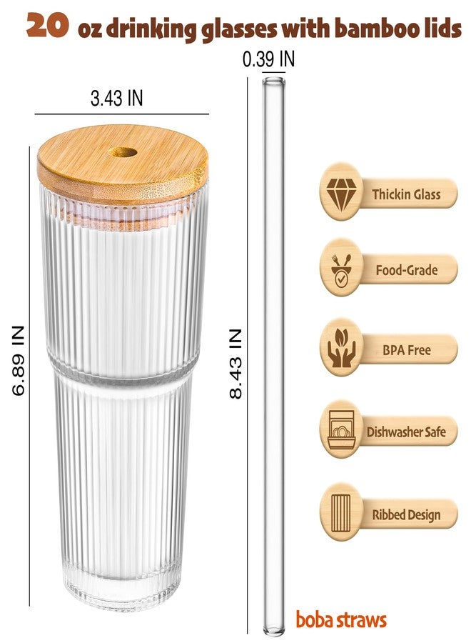 Dingerjar 20 oz Ribbed Glass Tumblers with Bamboo Lids and Straws, 2 Pcs Wide Mouth Thickened Vintage Glass Cup for Boba, Iced Coffee, Juice - Image 2