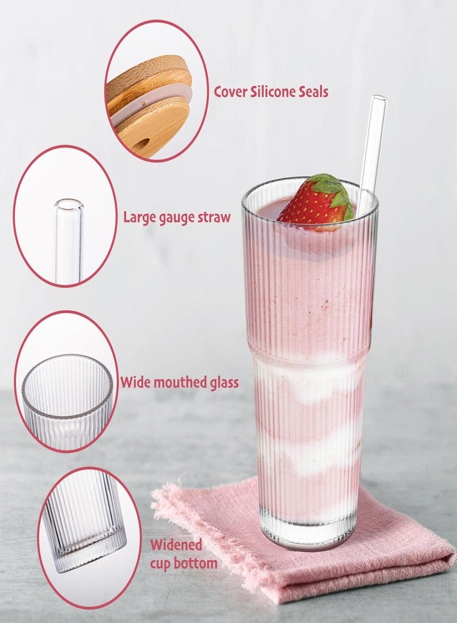 Dingerjar 20 oz Ribbed Glass Tumblers with Bamboo Lids and Straws, 2 Pcs Wide Mouth Thickened Vintage Glass Cup for Boba, Iced Coffee, Juice - Image 4