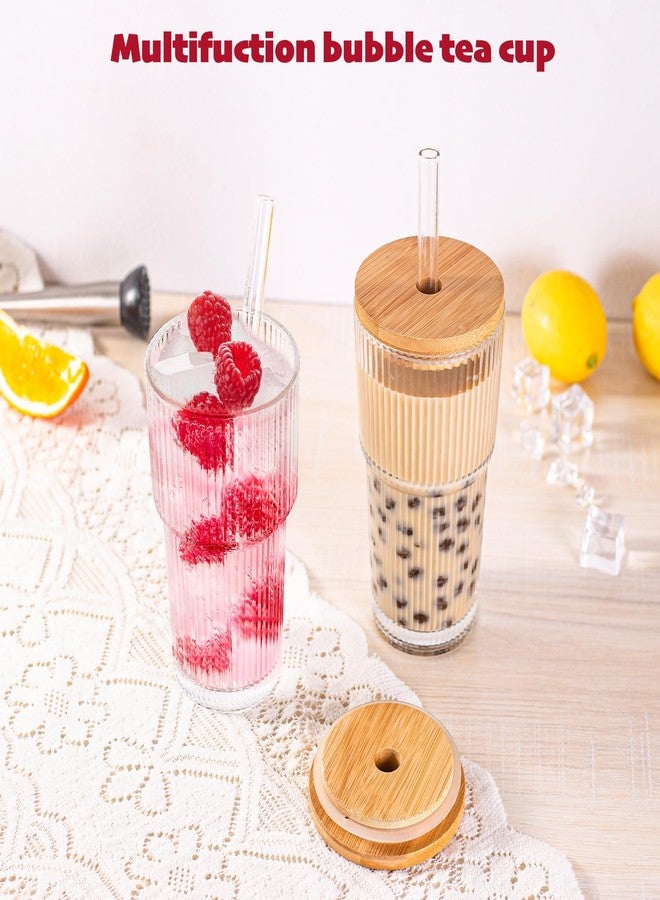 Dingerjar 20 oz Ribbed Glass Tumblers with Bamboo Lids and Straws, 2 Pcs Wide Mouth Thickened Vintage Glass Cup for Boba, Iced Coffee, Juice - Image 3