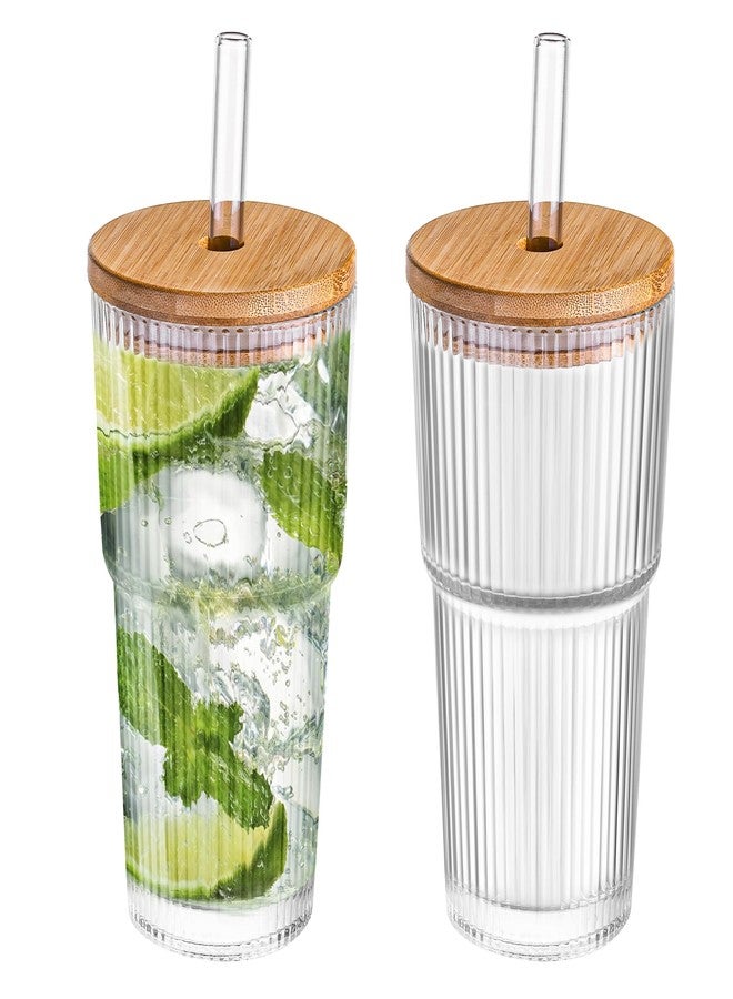 Dingerjar 20 oz Ribbed Glass Tumblers with Bamboo Lids and Straws, 2 Pcs Wide Mouth Thickened Vintage Glass Cup for Boba, Iced Coffee, Juice - Image 1