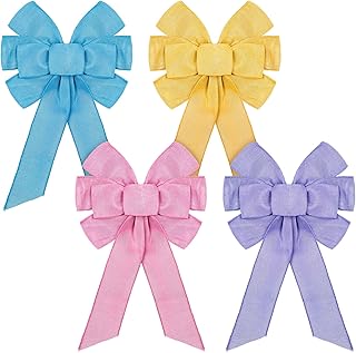 Whaline 4pcs Spring Wreath Bow Large Spring Colorful Wreath Bow Decoration Wreath Ribbon Bows Pink Purple Yellow Blue - Image 1