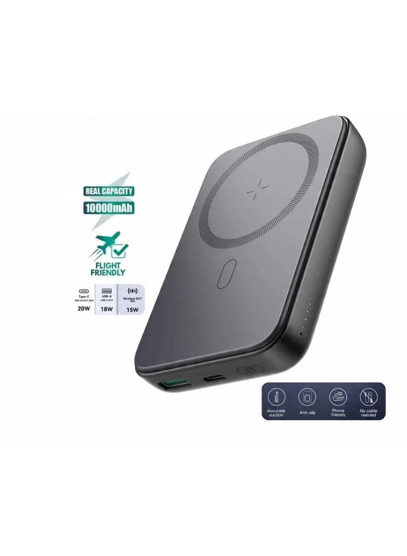10000mAh Magnetic Wireless Power Bank – Fast Charging, Portable Battery Pack – Black - Image 1