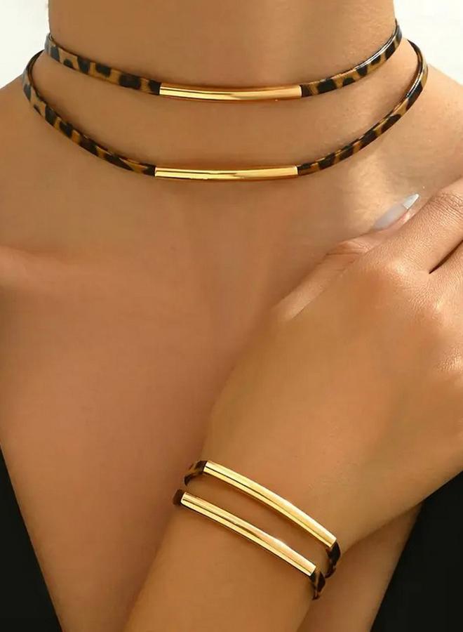 Take Two Leopard Print Bar Detail Necklace and Bracelet Jewelry Set - Image 1