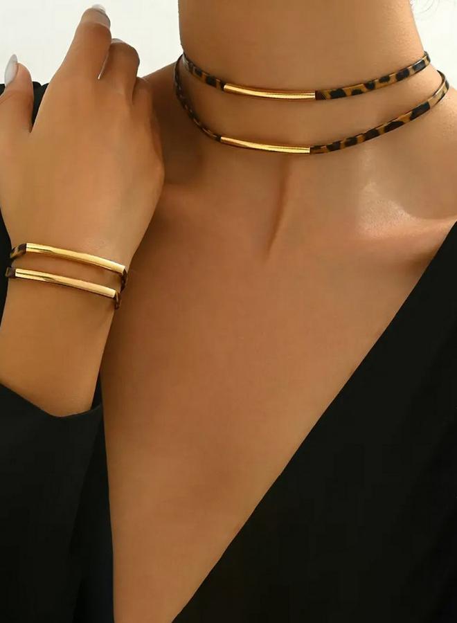 Take Two Leopard Print Bar Detail Necklace and Bracelet Jewelry Set - Image 4