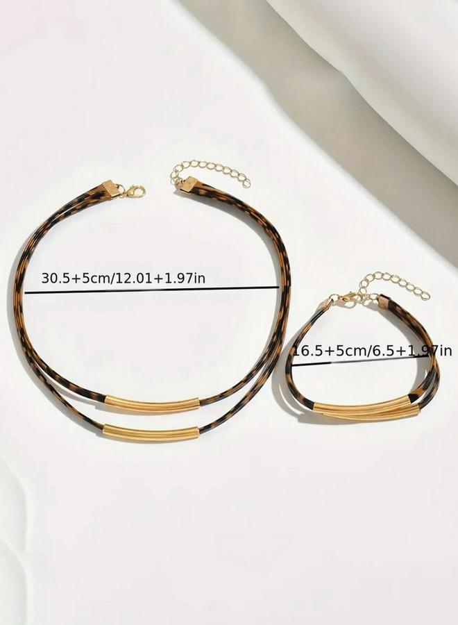 Take Two Leopard Print Bar Detail Necklace and Bracelet Jewelry Set - Image 3