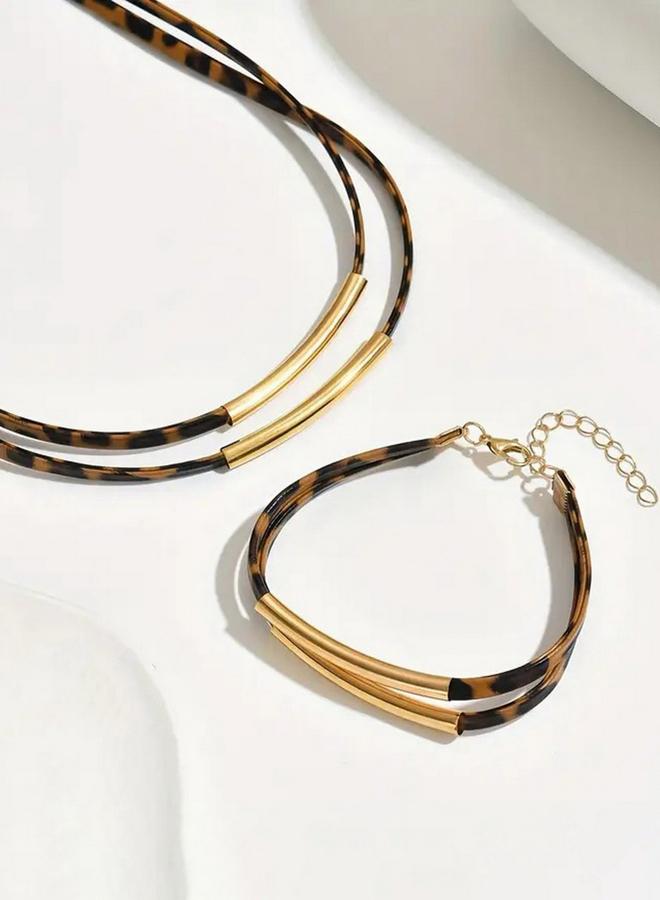 Take Two Leopard Print Bar Detail Necklace and Bracelet Jewelry Set - Image 5