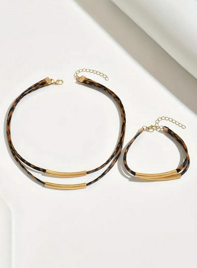 Take Two Leopard Print Bar Detail Necklace and Bracelet Jewelry Set - Image 2