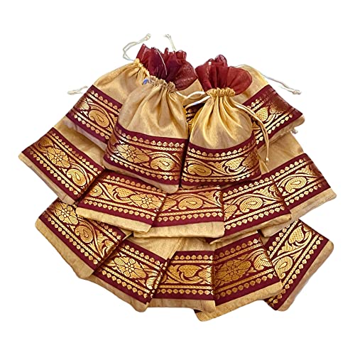 Krisah 10pcs 18 X 12 cm Luxury Tissue Silk Golden with Maroon Brocade Border Potli Pouches for Jewellery/Gift Packing - Image 1