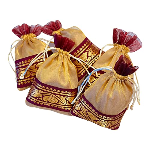 Krisah 10pcs 18 X 12 cm Luxury Tissue Silk Golden with Maroon Brocade Border Potli Pouches for Jewellery/Gift Packing - Image 4
