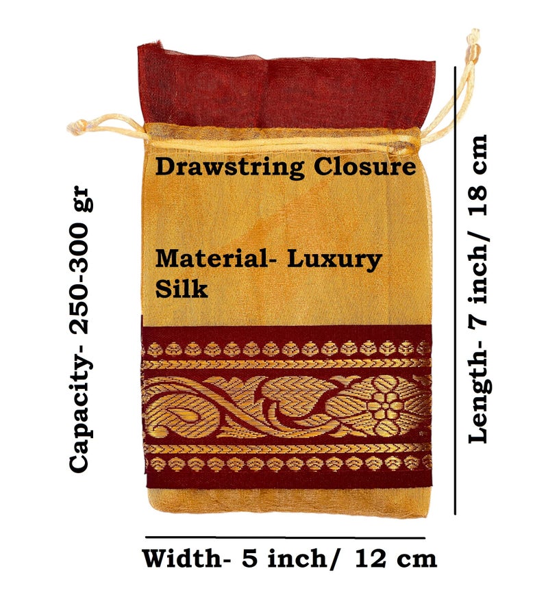 Krisah 10pcs 18 X 12 cm Luxury Tissue Silk Golden with Maroon Brocade Border Potli Pouches for Jewellery/Gift Packing - Image 2