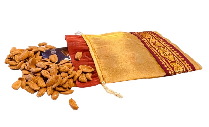 Krisah 10pcs 18 X 12 cm Luxury Tissue Silk Golden with Maroon Brocade Border Potli Pouches for Jewellery/Gift Packing - Image 3