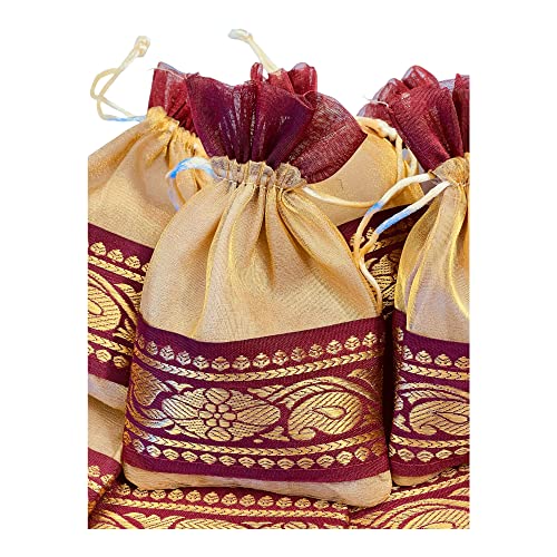 Krisah 10pcs 18 X 12 cm Luxury Tissue Silk Golden with Maroon Brocade Border Potli Pouches for Jewellery/Gift Packing - Image 5
