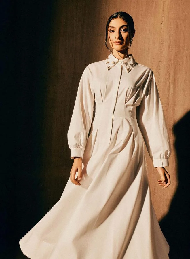 ايكونيك Iconic Pintuck Shirt Women Dress with Embellished Collar