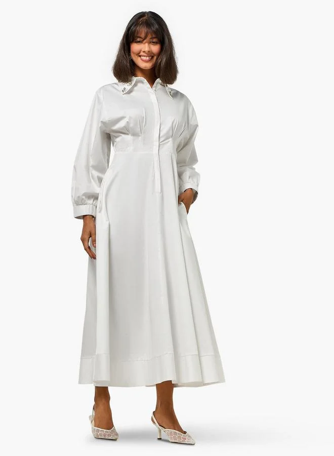 ايكونيك Iconic Pintuck Shirt Women Dress with Embellished Collar