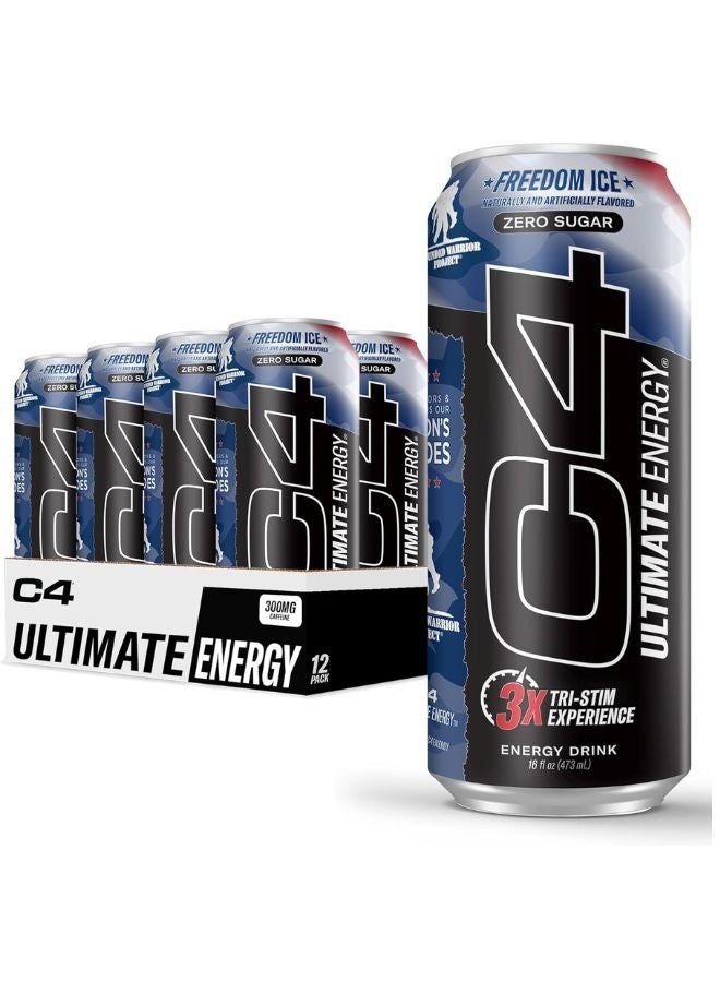 مشروب الطاقة خالي من السكر Cellucor C4 Ultimate X Wounded Warrior Project بنكهة فريدم آيس | 16 أونصة (عبوة من 12) | مشروب قبل التمرين عالي الأداء بدون ألوان أو صبغات صناعية