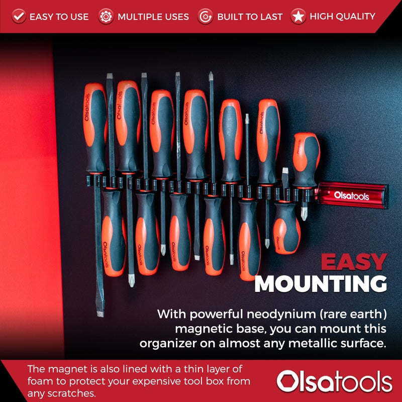Olsa Tools Magnetic Screwdriver Organizer - Screwdriver Holder with Strong Magnets and Foam Backing - Professional Tool Holder and Tool Organizer - Stores up to 16 Screwdrivers - Red - Part: 1008 - Image 3