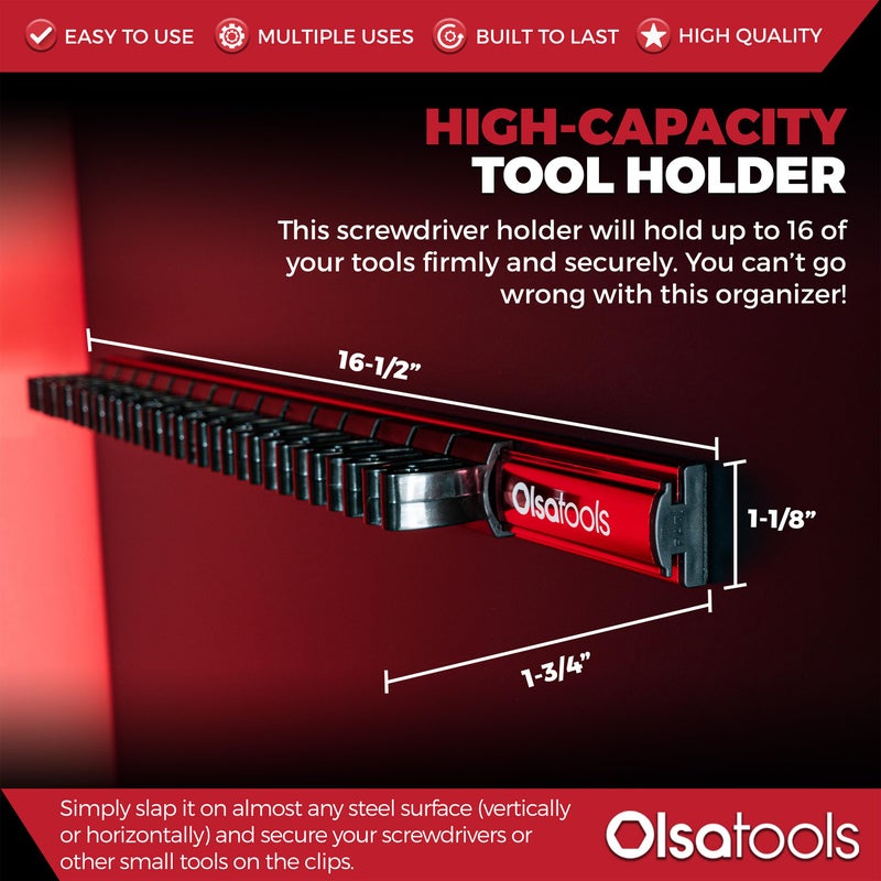 Olsa Tools Magnetic Screwdriver Organizer - Screwdriver Holder with Strong Magnets and Foam Backing - Professional Tool Holder and Tool Organizer - Stores up to 16 Screwdrivers - Red - Part: 1008 - Image 5
