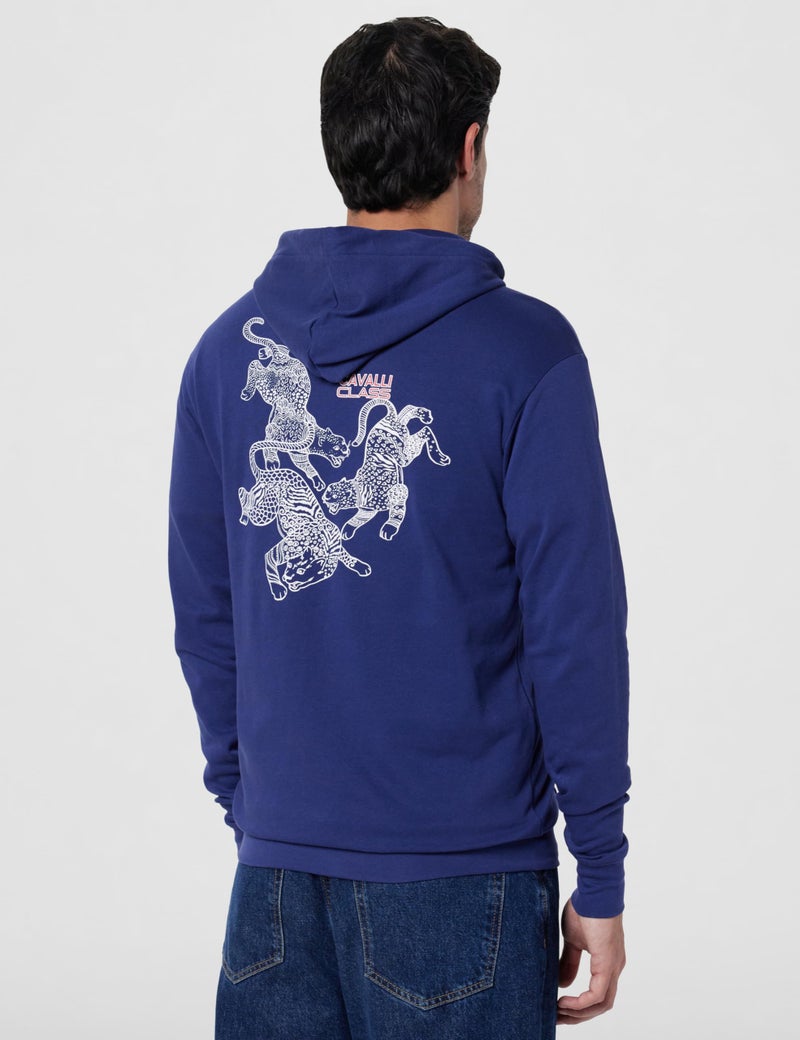 CAVALLI CLASS Men's Hooded Neck Animal Printed Zipper Hooded Sweatshirt Blue - Image 3