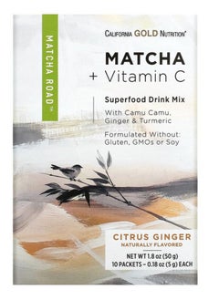 California Gold Nutrition Matcha + Vitamin C Superfood Drink Mix With Camu Ginger, 10 Packets
