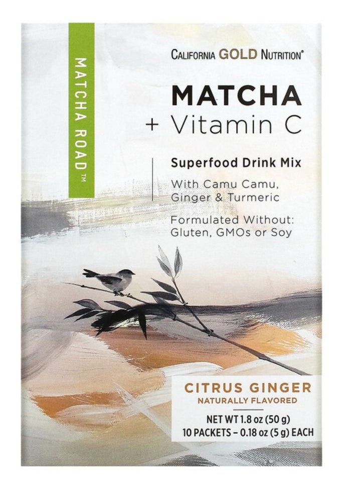 California Gold Nutrition - California Gold Nutrition Matcha + Vitamin C Superfood Drink Mix With Camu Ginger, 10 Packets - Image 1