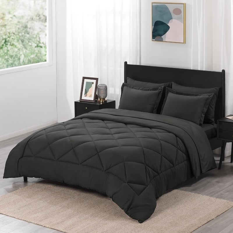 downluxe Bed in a Bag King -7 Pieces King Size Comforter Set with Dark Grey Bed Comforter, Pillow Shams, Flat Sheet, Fitted Sheet and Pillowcases All Seasons Bedding Comforter Sets - Image 1
