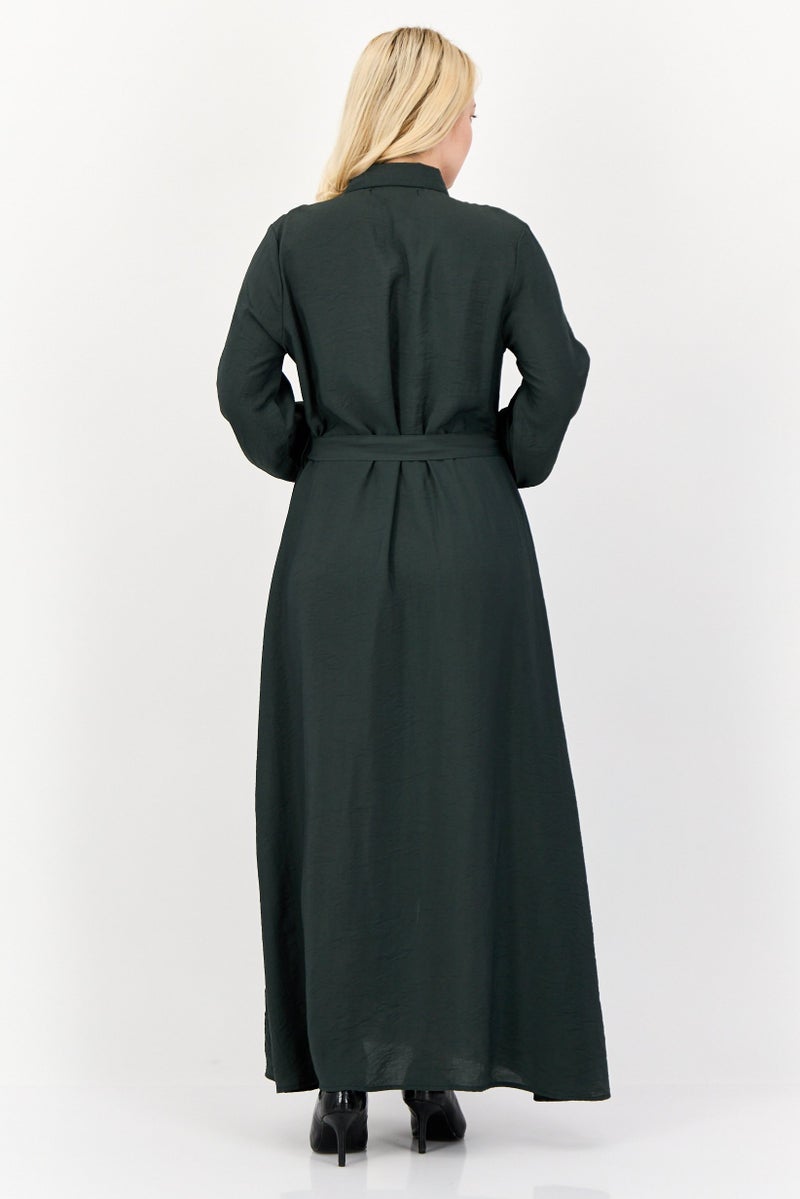 bebe فستان ماكسي بسيط برباط للنساء، أخضر داكن - Image 2