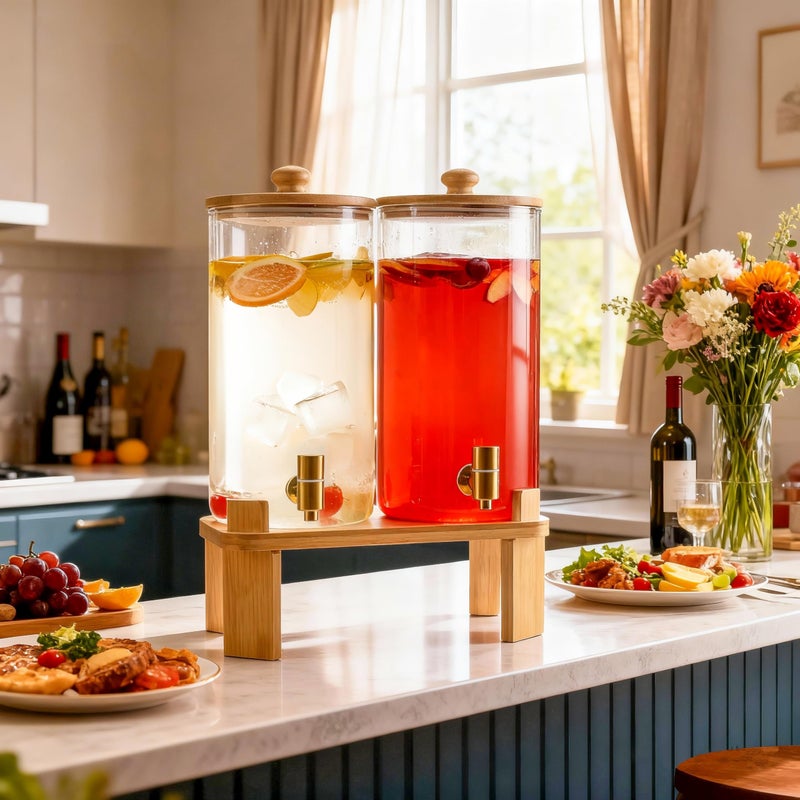 NBNSTHV 1.5 Gallon 2 Pack Glass Drink dispenser for parties,Beverage Dispenser With Wood Stand,Water Dispensers with spigot,lemonade dispenser,juice containers & water pitcher with lid - Image 2