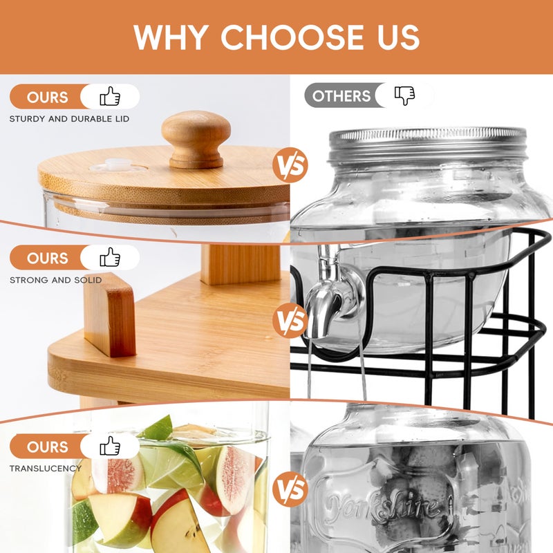 NBNSTHV 1.5 Gallon 2 Pack Glass Drink dispenser for parties,Beverage Dispenser With Wood Stand,Water Dispensers with spigot,lemonade dispenser,juice containers & water pitcher with lid - Image 5
